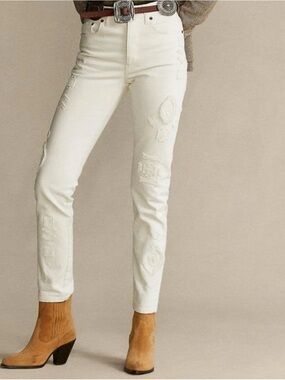 Polo Ralph Lauren Callen HR Slim Beaded Embroidered White Jeans